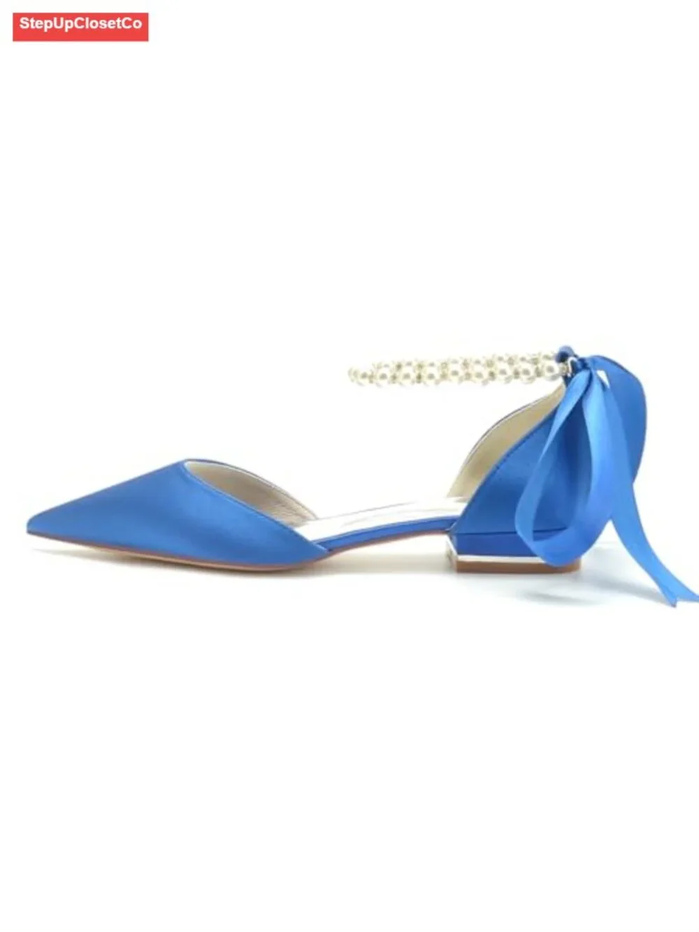 Satin Pearl Pointed Toe Ankle Strap Wedding Flats Pumps